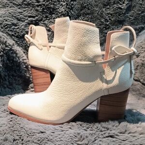 Kelsi Dagger Cream Leather Ankle Booties with Wood Block Heel